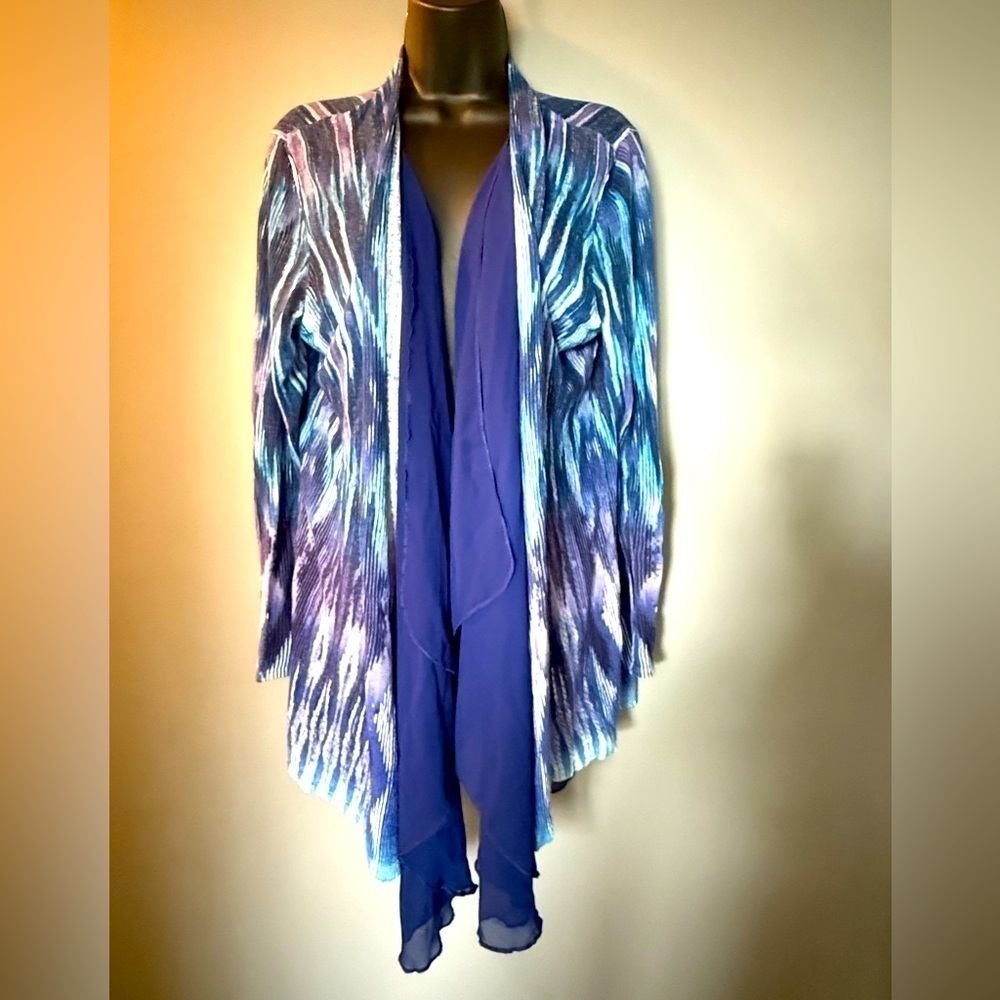 Chicos Women's Sz 2 (US L) Long Sleeve Crepe Trim Blue Print Kimono Cardigan